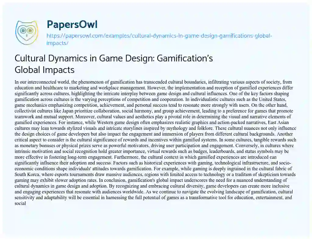 Essay on Cultural Dynamics in Game Design: Gamification’s Global Impacts