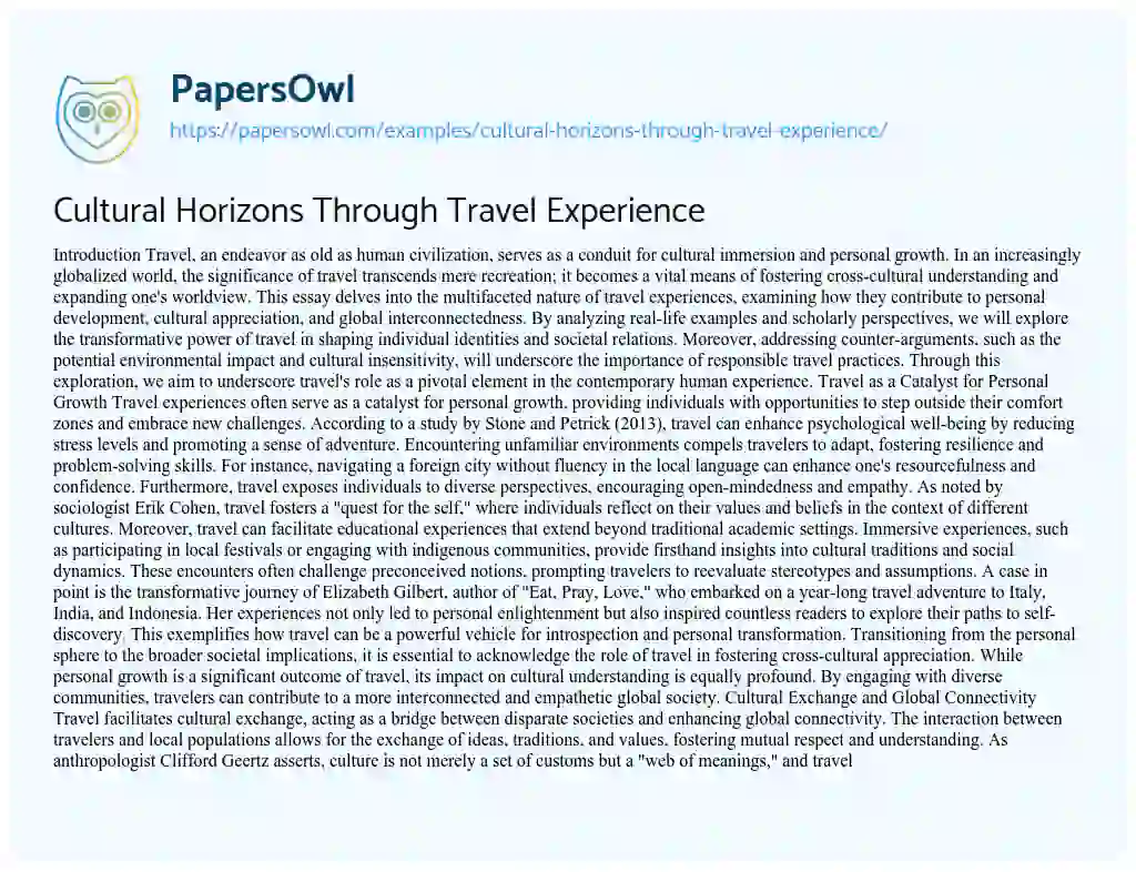 Essay on Cultural Horizons Through Travel Experience
