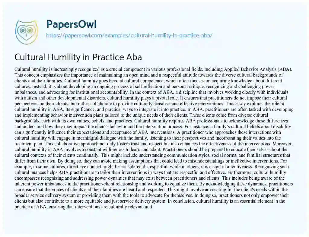 Essay on Cultural Humility in Practice Aba