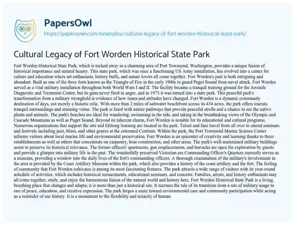 Essay on Cultural Legacy of Fort Worden Historical State Park