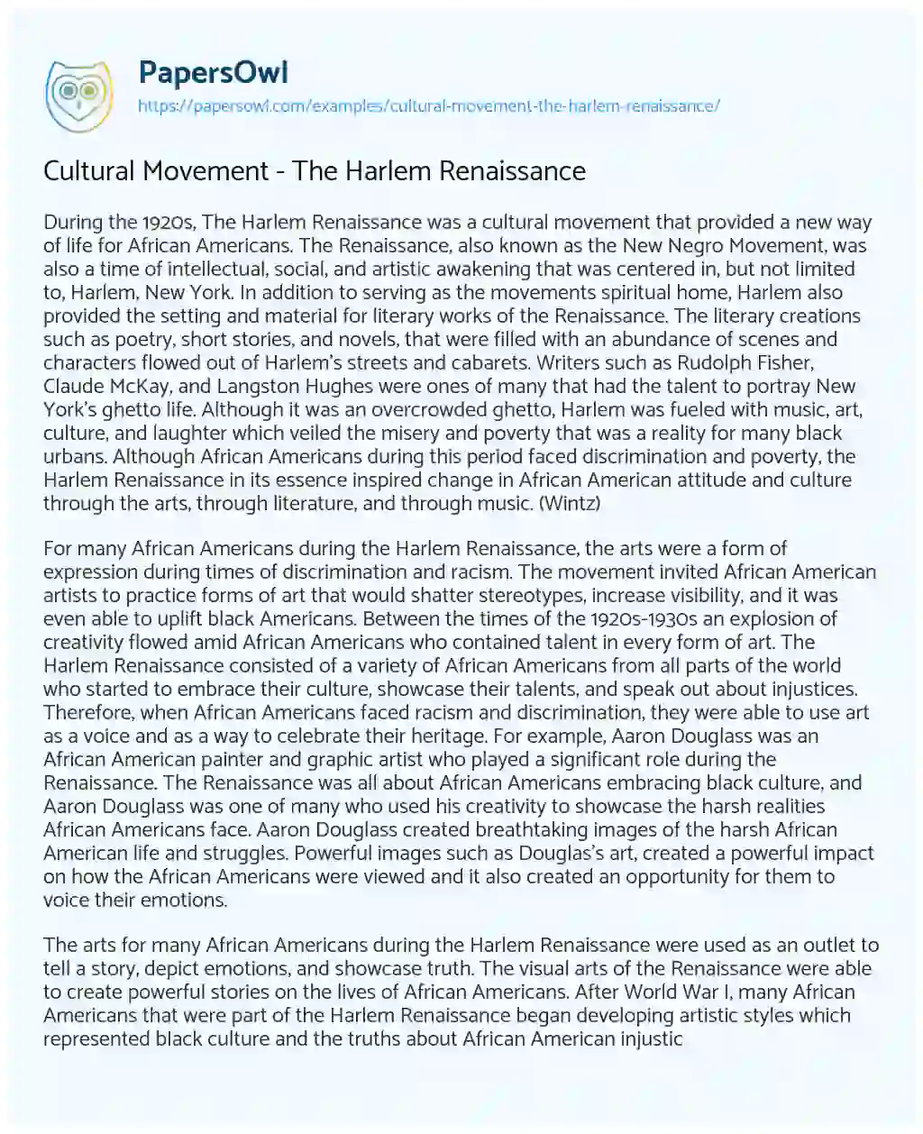 Cultural Movement – the Harlem Renaissance essay