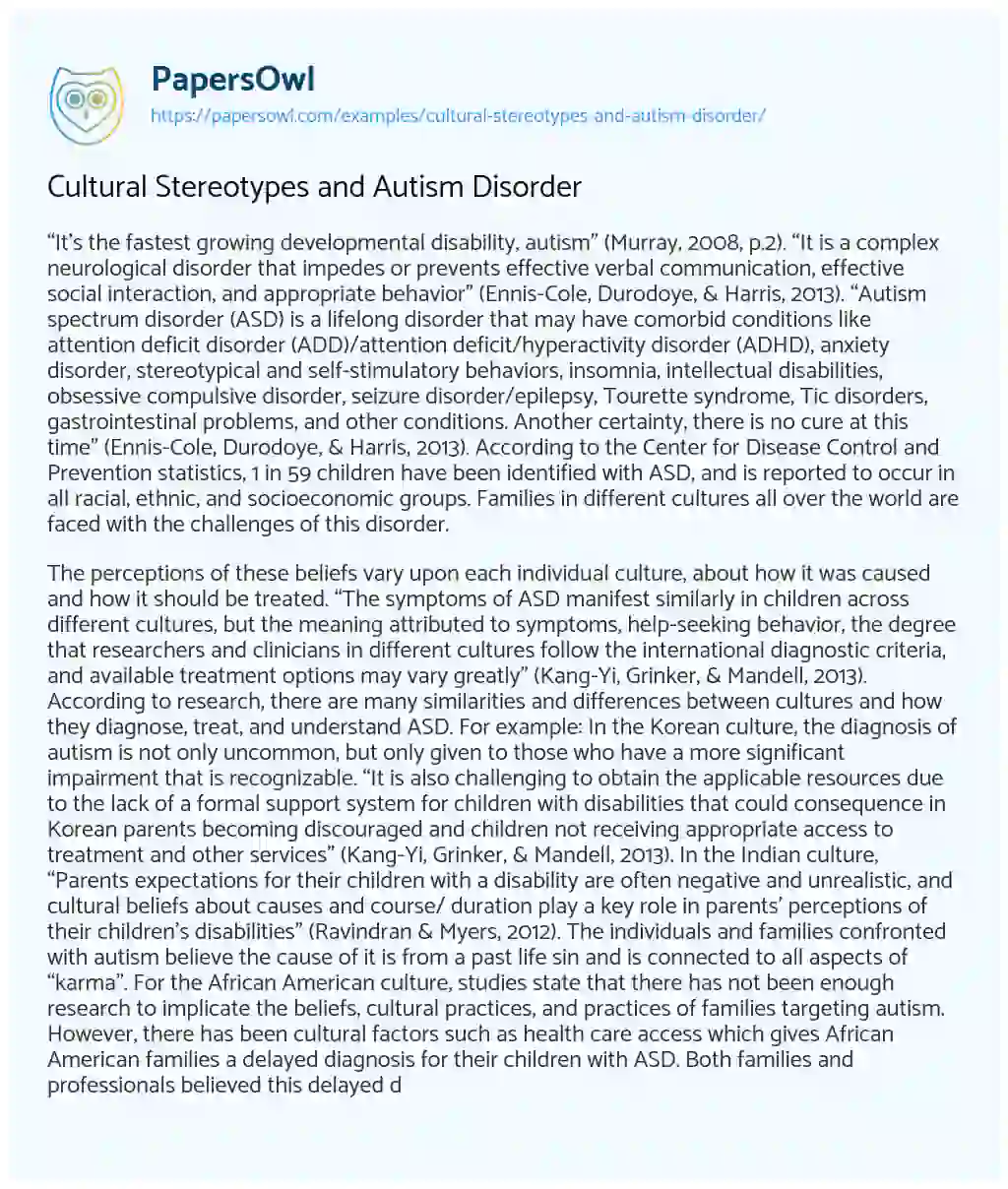 Essay on Cultural Stereotypes and Autism Disorder