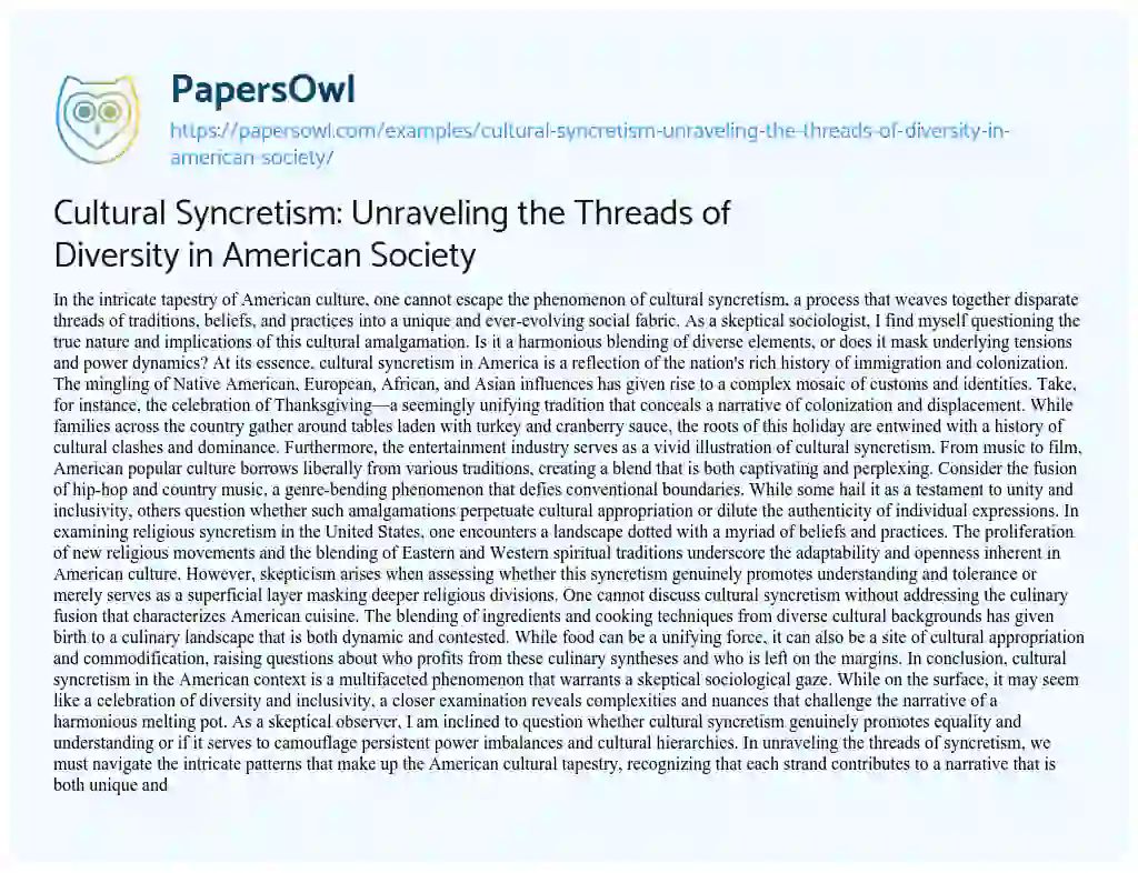 Essay on Cultural Syncretism: Unraveling the Threads of Diversity in American Society