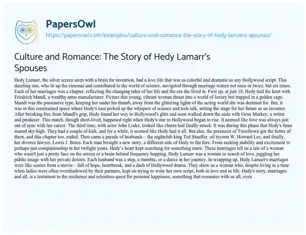 Essay on Culture and Romance: the Story of Hedy Lamarr’s Spouses