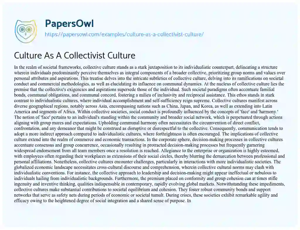 Essay on Culture as a Collectivist Culture