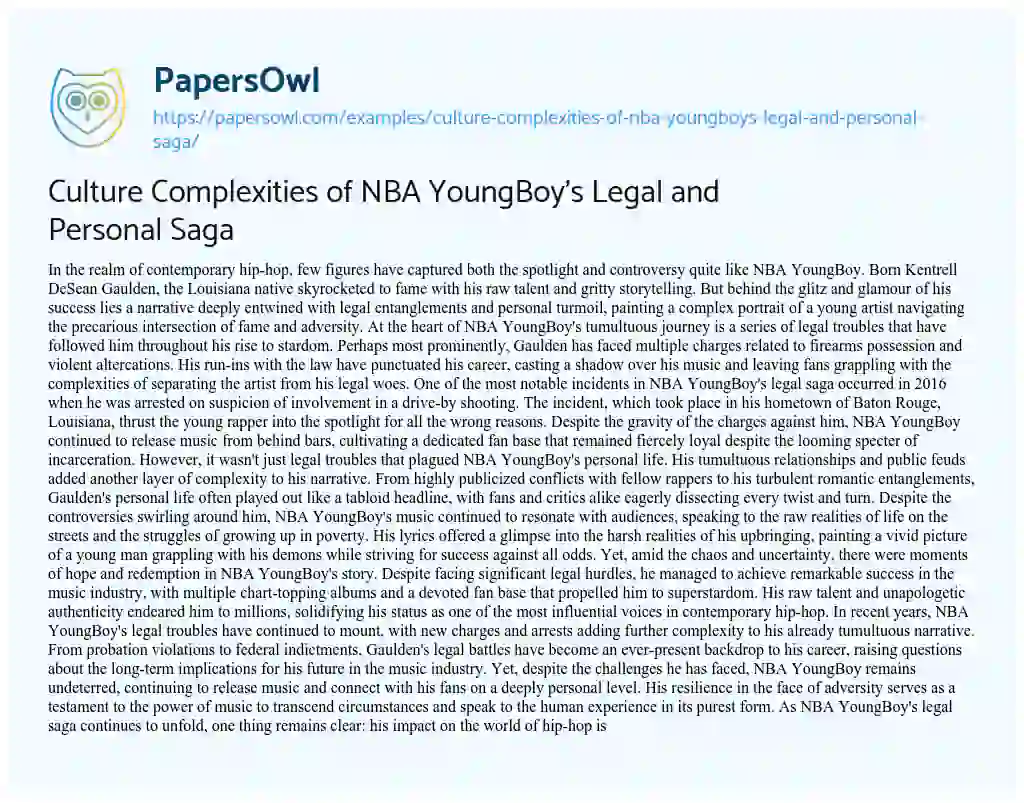 Essay on Culture Complexities of NBA YoungBoy’s Legal and Personal Saga