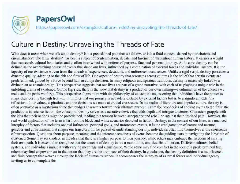 Essay on Culture in Destiny: Unraveling the Threads of Fate