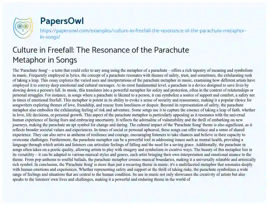 Essay on Culture in Freefall: the Resonance of the Parachute Metaphor in Songs