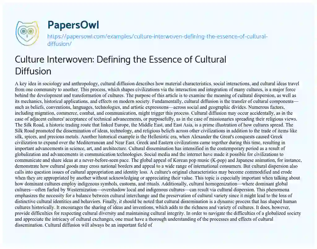 Essay on Culture Interwoven: Defining the Essence of Cultural Diffusion