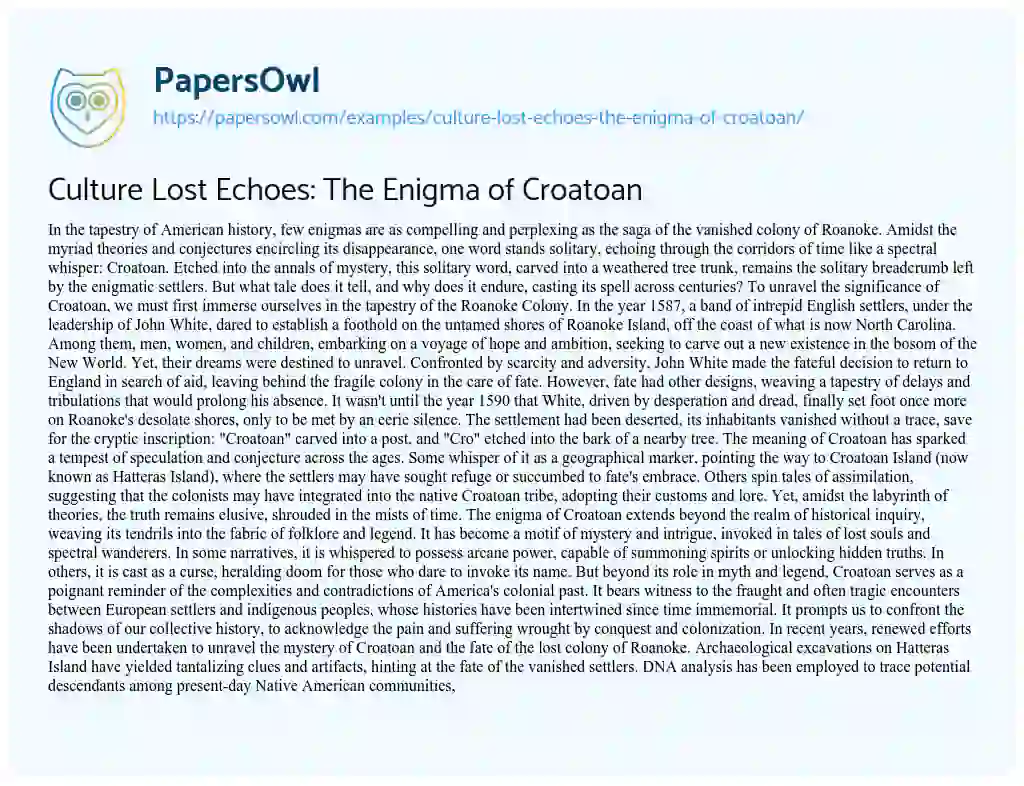 Essay on Culture Lost Echoes: the Enigma of Croatoan