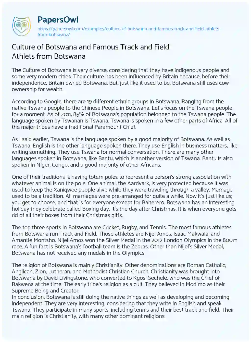 Essay on Culture of Botswana and Famous Track and Field Athlets from Botswana
