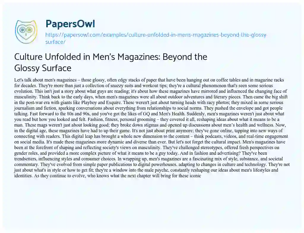 Essay on Culture Unfolded in Men’s Magazines: Beyond the Glossy Surface