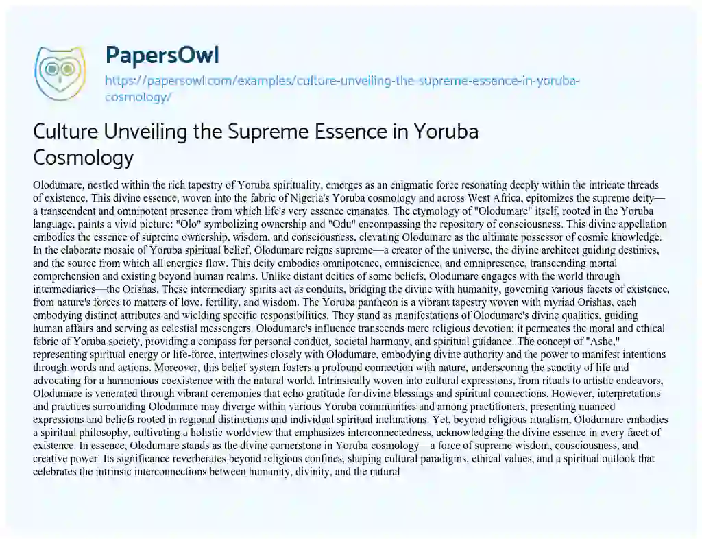 Essay on Culture Unveiling the Supreme Essence in Yoruba Cosmology