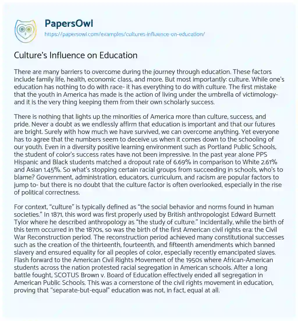 Culture’s Influence on Education essay