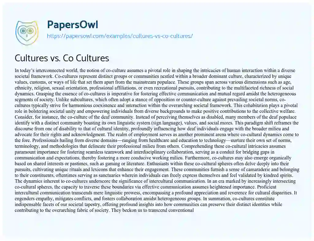 Essay on Cultures Vs. Co Cultures