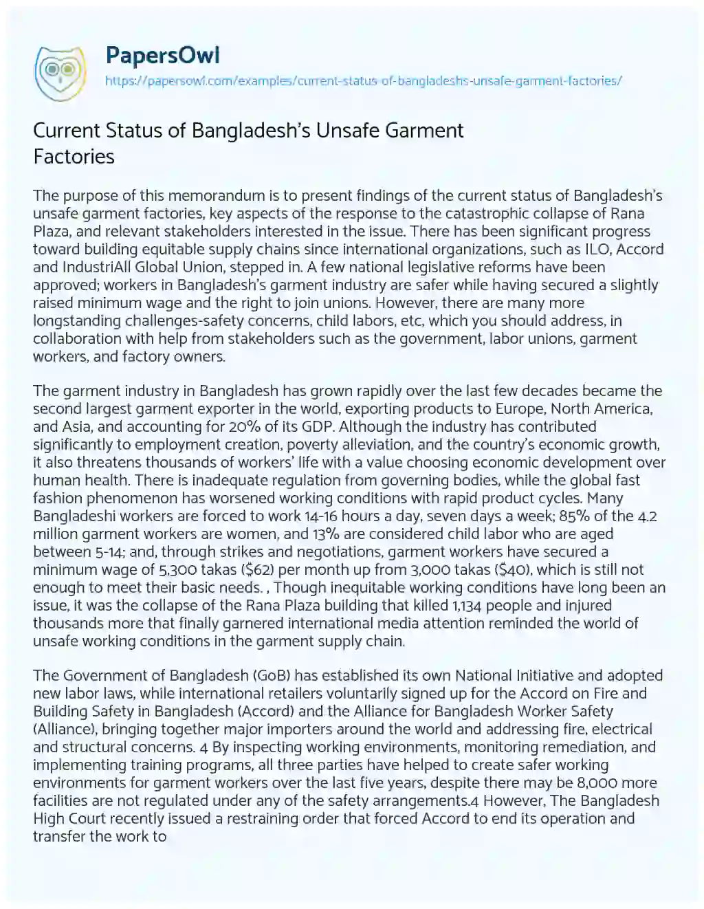 Current Status of Bangladesh’s Unsafe Garment Factories essay