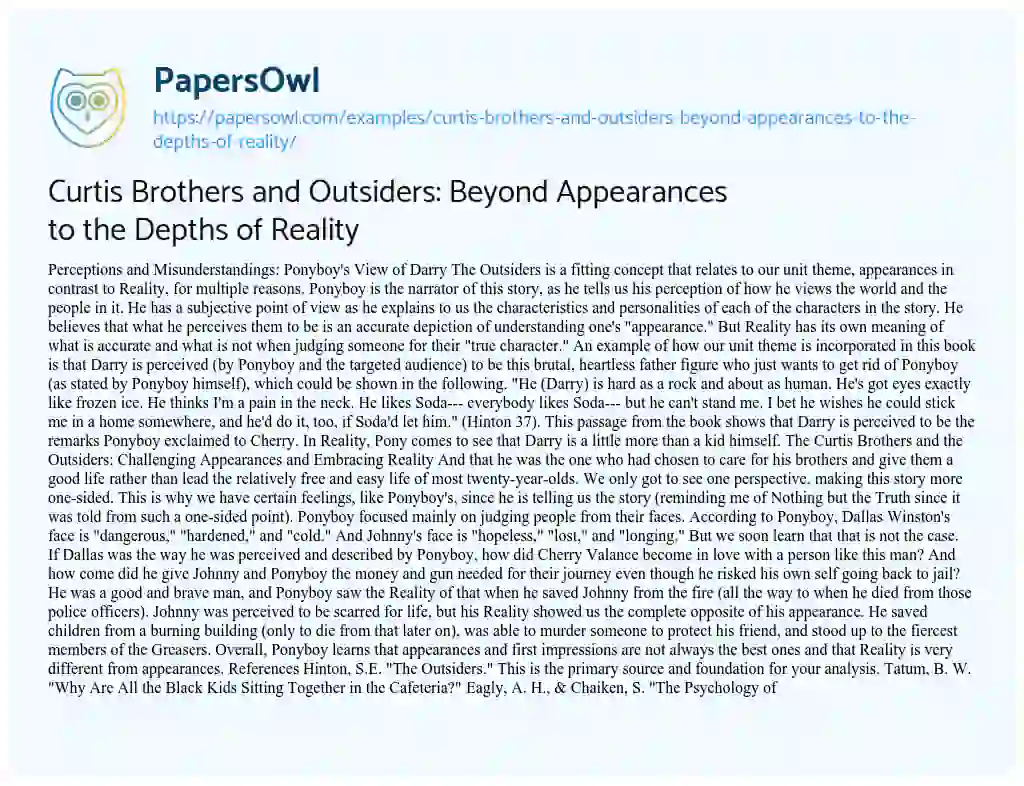Essay on Curtis Brothers and Outsiders: Beyond Appearances to the Depths of Reality