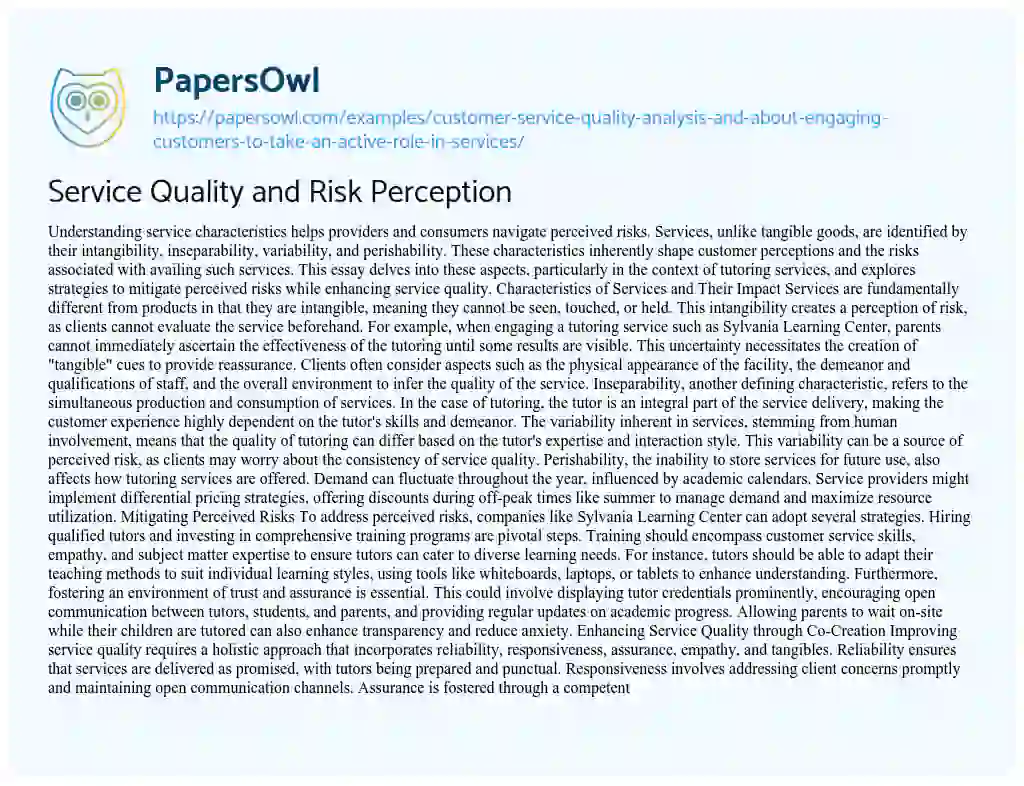 Essay on Customer Service Quality Analysis and about Engaging Customers to Take an Active Role in Services