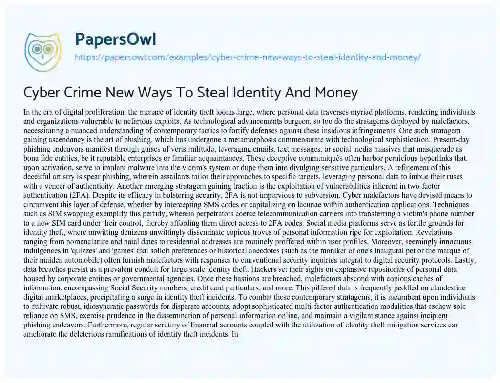 Essay on Cyber Crime New Ways to Steal Identity and Money