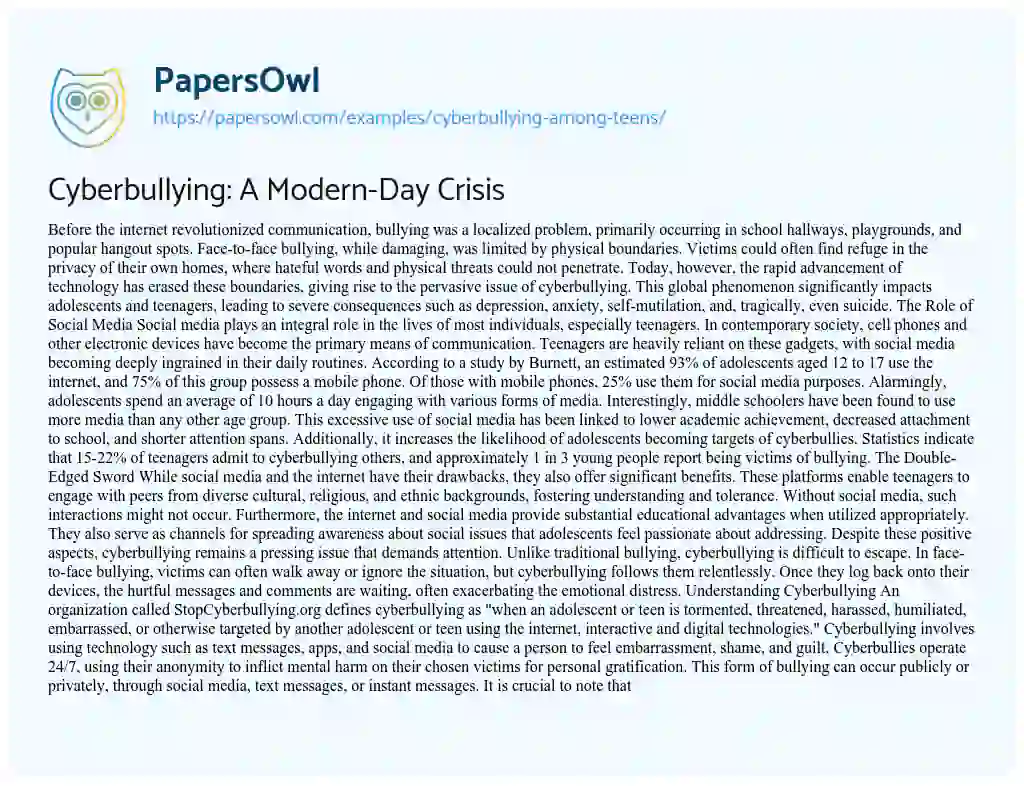 Essay on Cyberbullying Among Teens