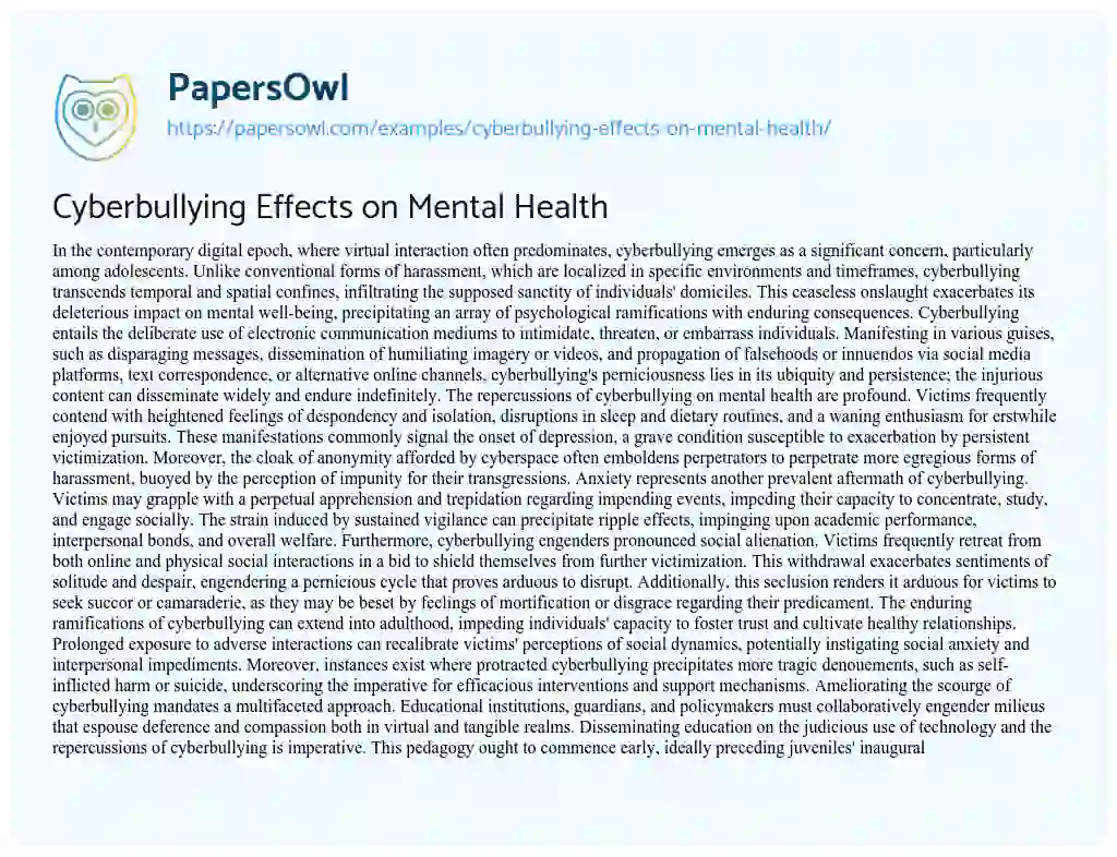 Essay on Cyberbullying Effects on Mental Health