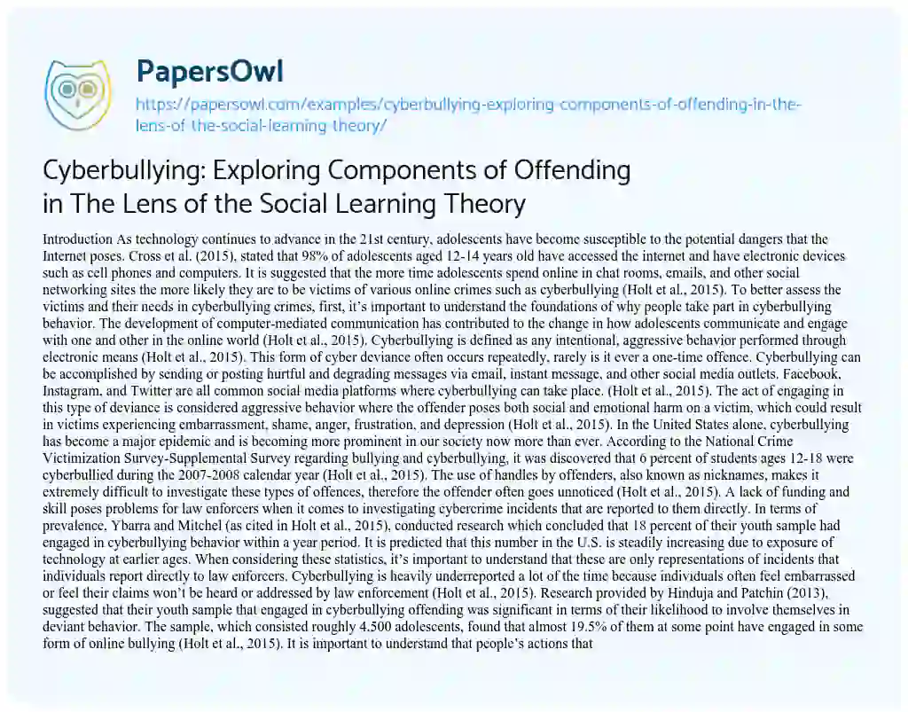Essay on Cyberbullying: Exploring Components of Offending in the Lens of the Social Learning Theory