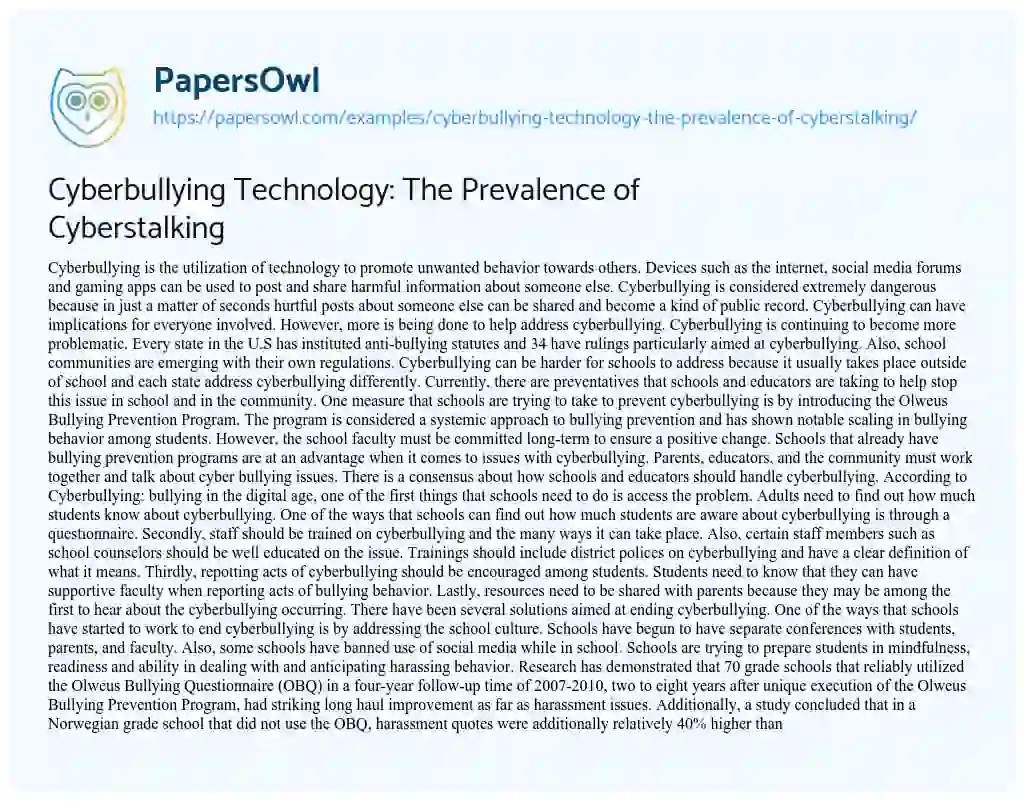 Essay on Cyberbullying Technology: the Prevalence of Cyberstalking