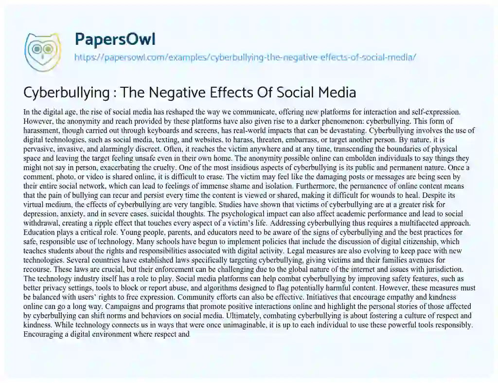 Essay on Cyberbullying : the Negative Effects of Social Media