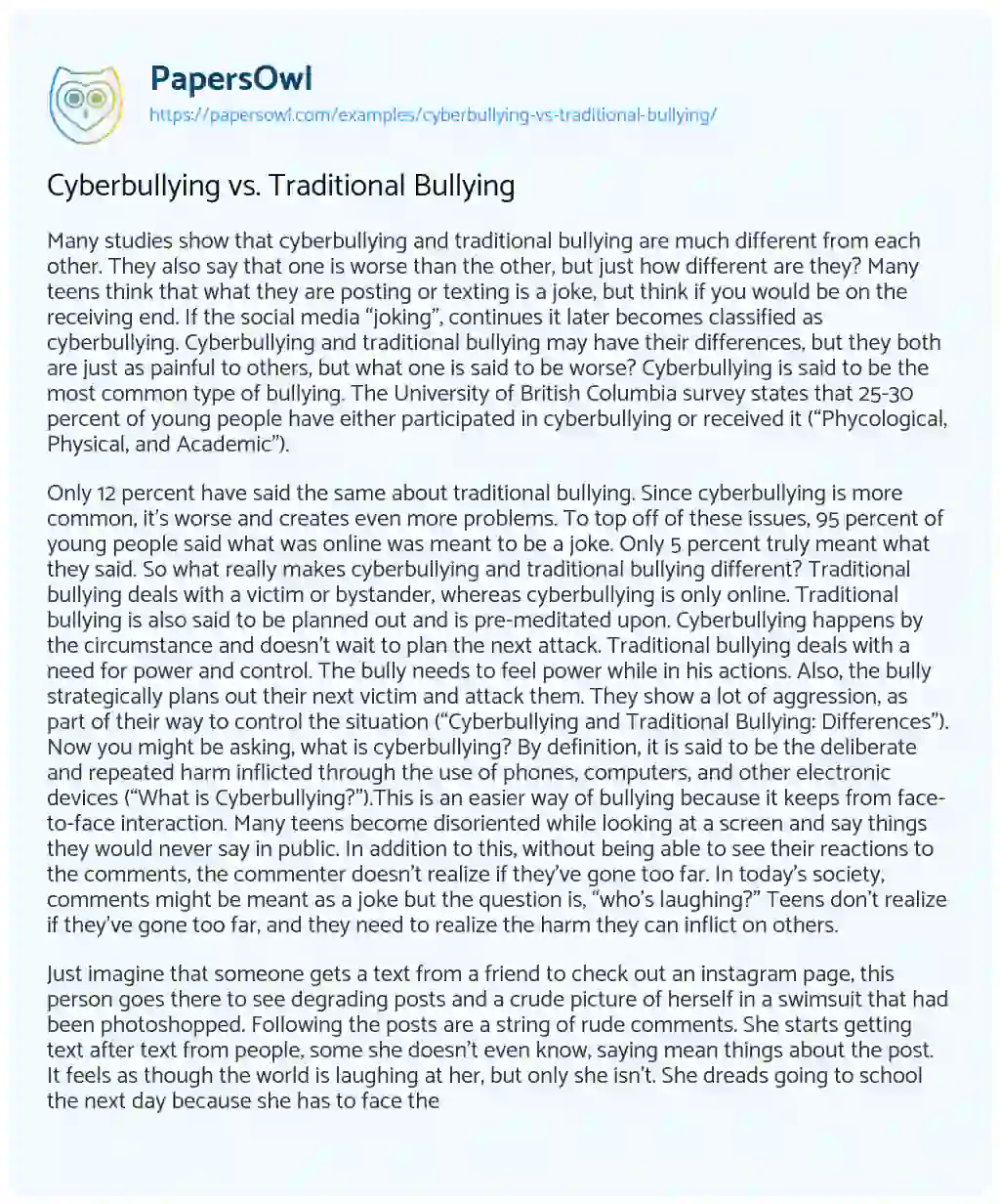 Cyberbullying Vs. Traditional Bullying essay