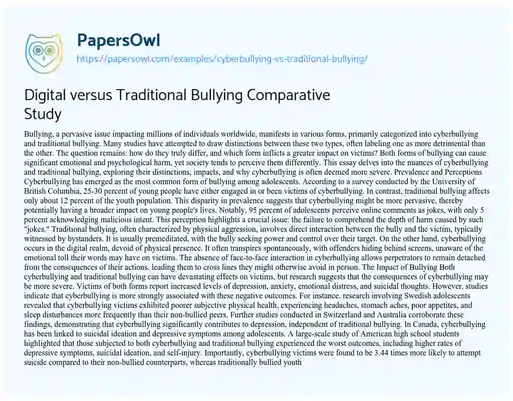 Essay on Cyberbullying Vs. Traditional Bullying