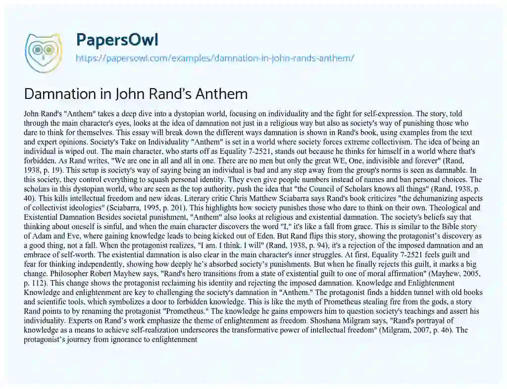 Essay on Damnation in John Rand’s Anthem