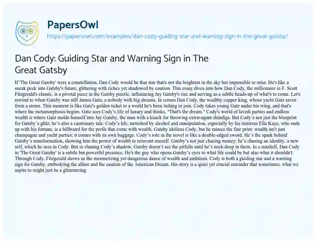 Essay on Dan Cody: Guiding Star and Warning Sign in the Great Gatsby