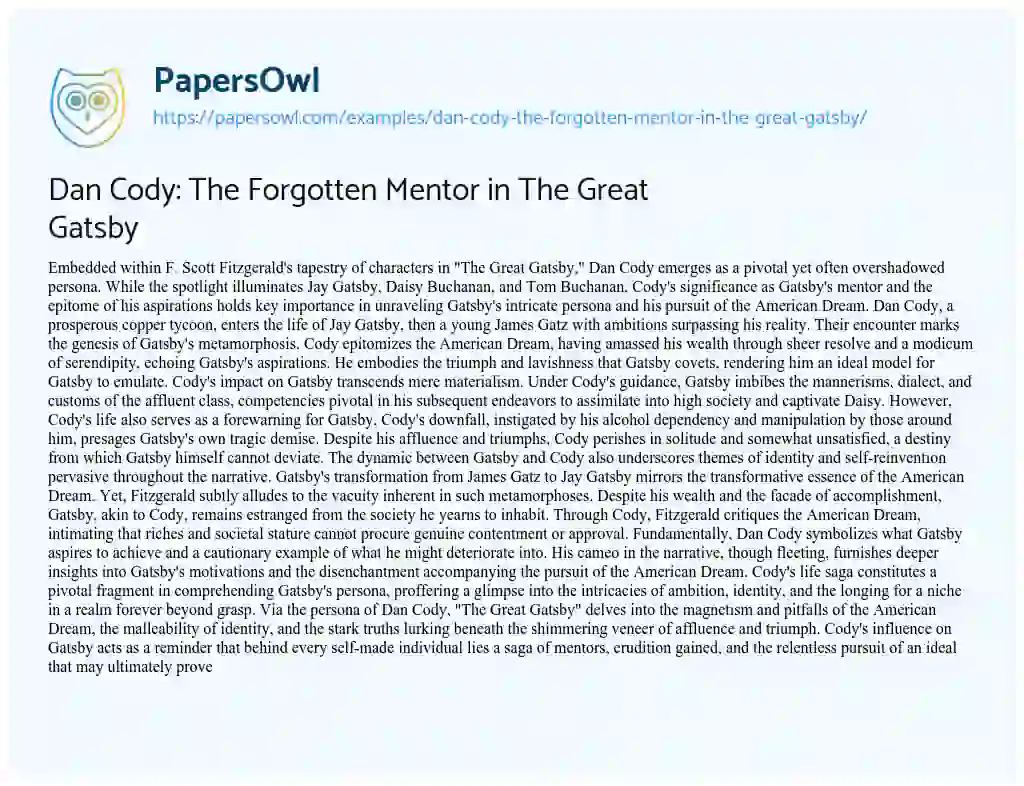 Dan Cody: The Forgotten Mentor in The Great Gatsby - Free Essay Example ...