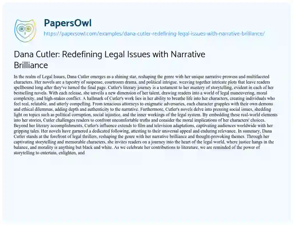 Essay on Dana Cutler: Redefining Legal Issues with Narrative Brilliance