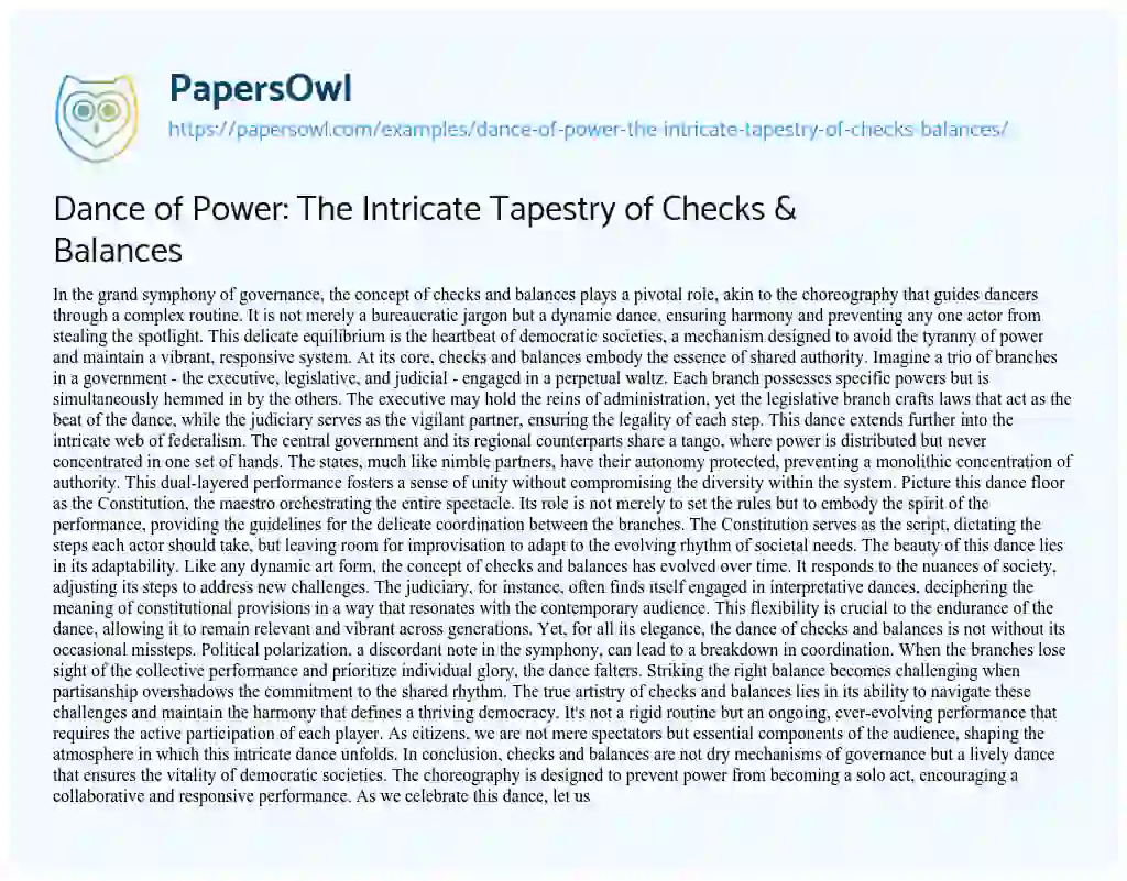 Essay on Dance of Power: the Intricate Tapestry of Checks & Balances