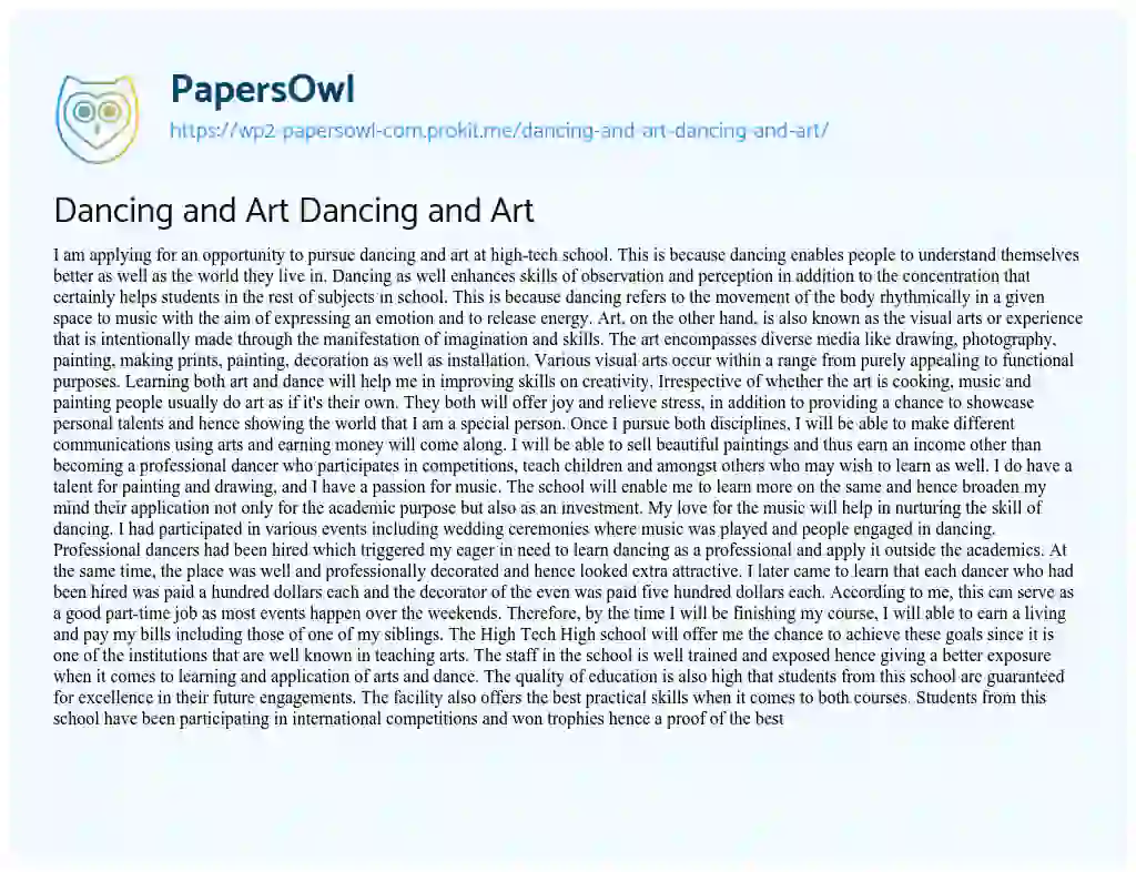 Essay on Dancing and Art Dancing and Art