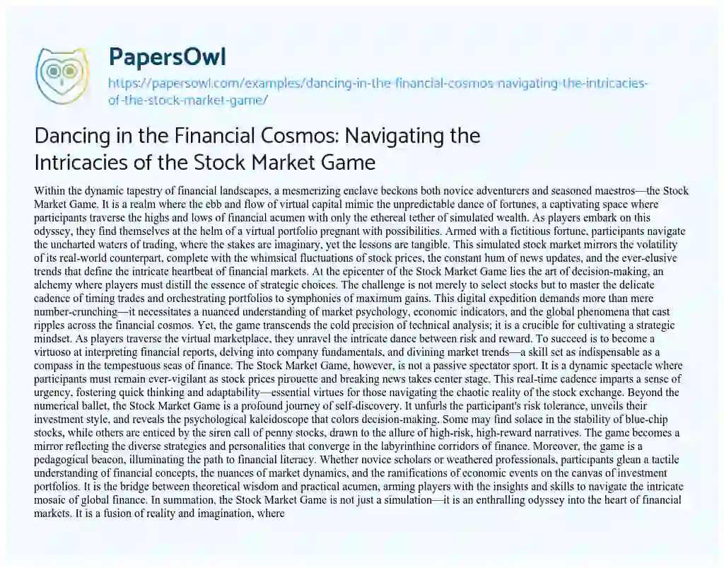 Essay on Dancing in the Financial Cosmos: Navigating the Intricacies of the Stock Market Game