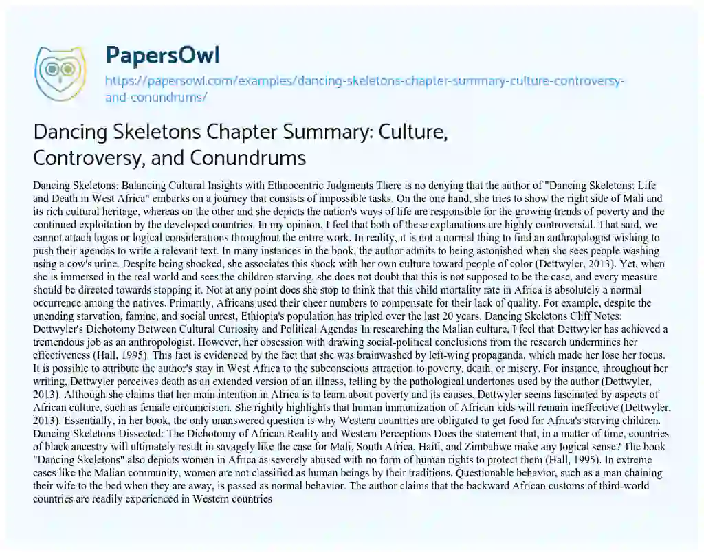 Essay on Dancing Skeletons Chapter Summary: Culture, Controversy, and Conundrums