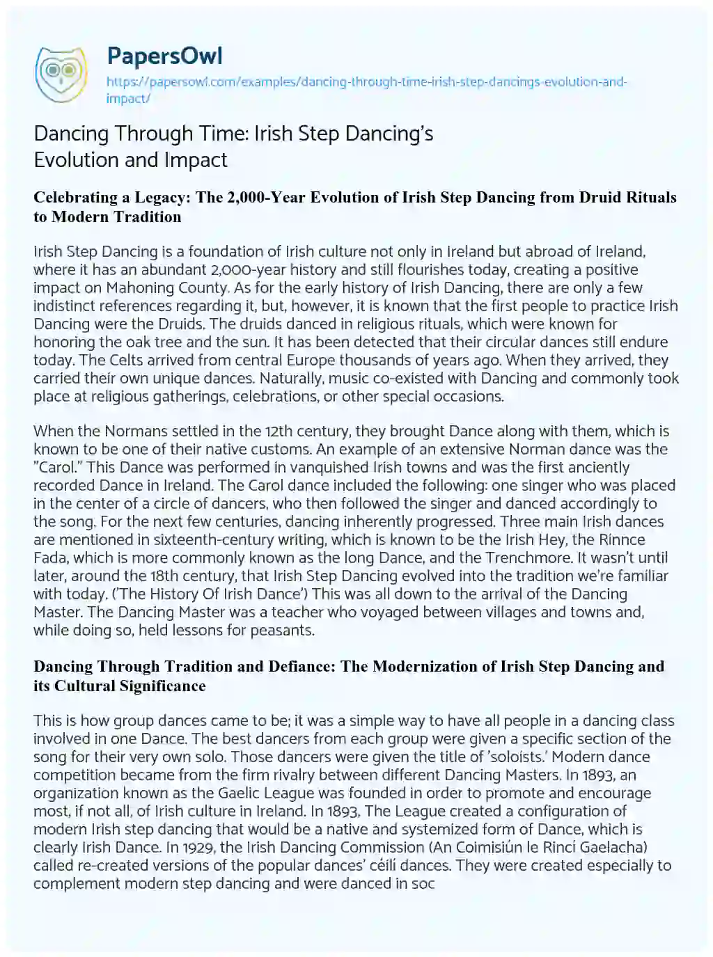 Essay on Dancing through Time: Irish Step Dancing’s Evolution and Impact