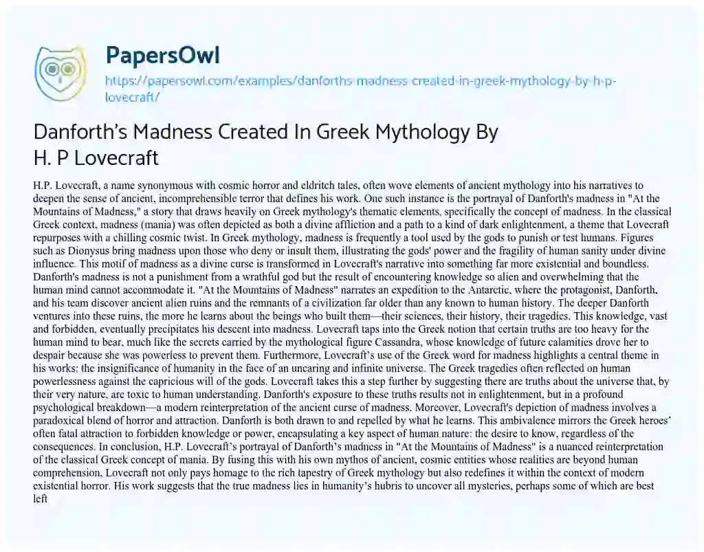 Essay on Danforth’s Madness Created in Greek Mythology by H. P Lovecraft