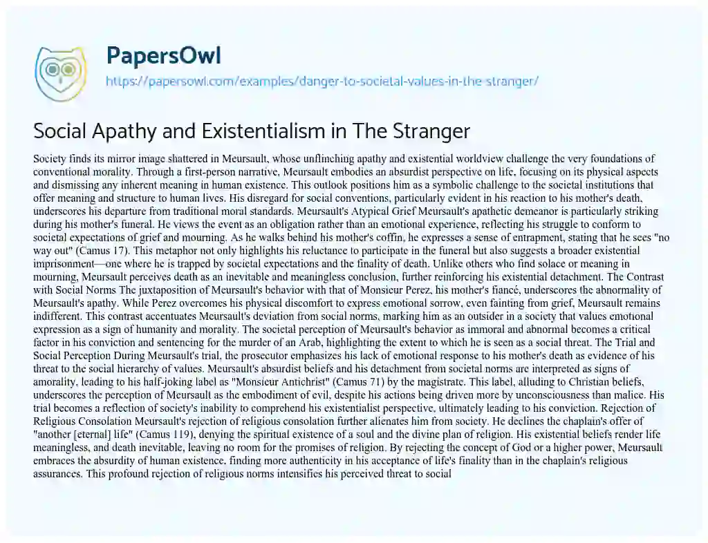 Essay on Danger to Societal Values in the Stranger