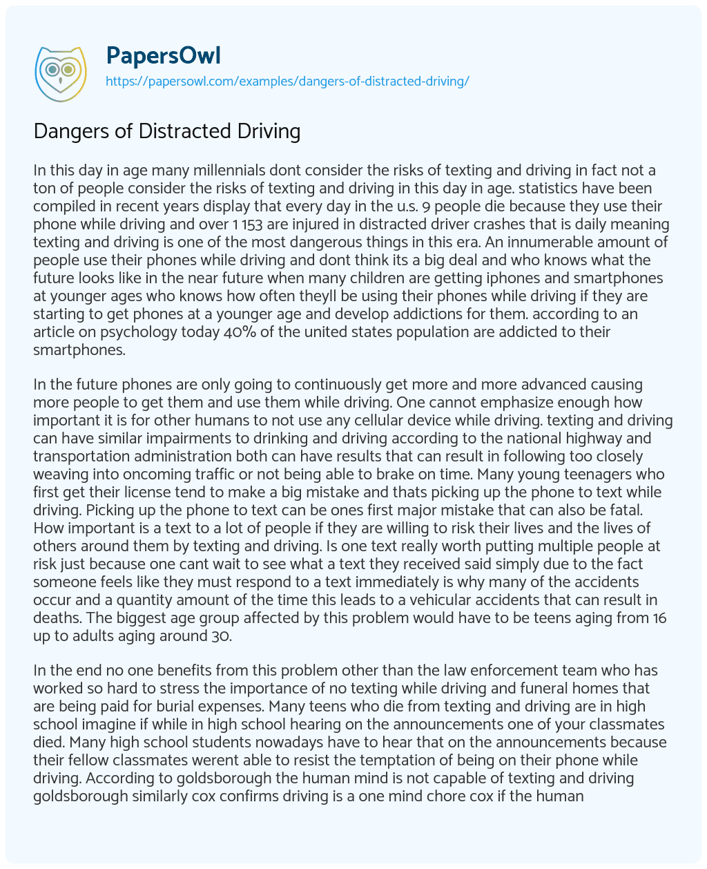 Essay on Dangers of Distracted Driving