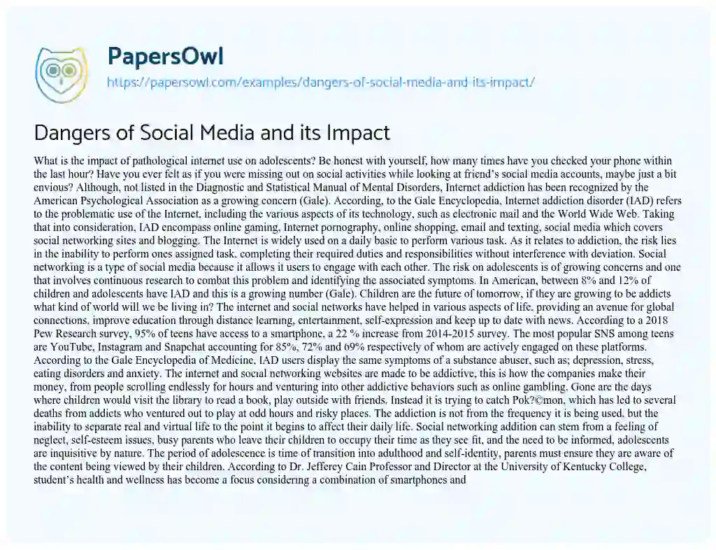 Dangers of Social Media and its Impact essay