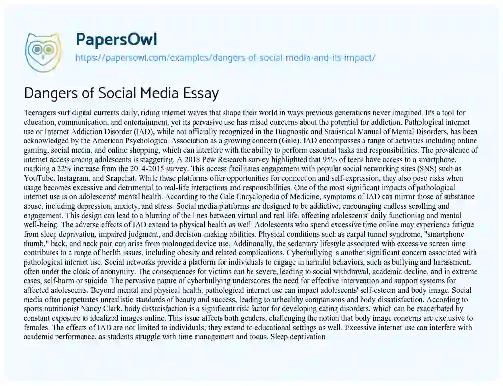 Essay on Dangers of Social Media and its Impact