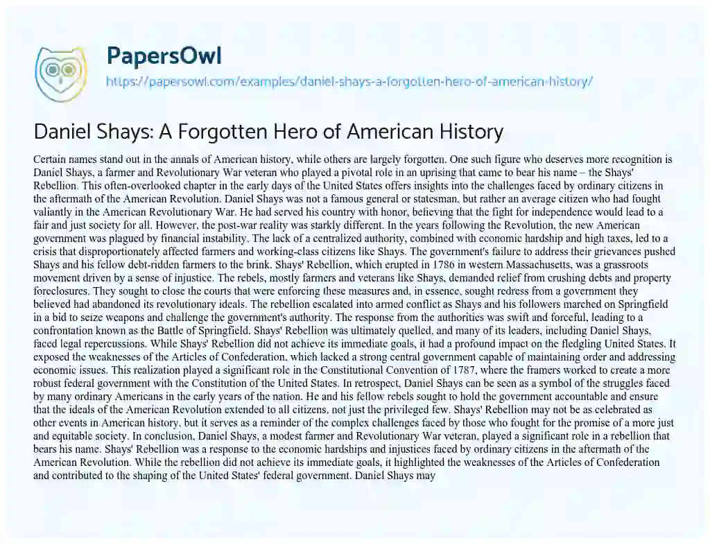 Essay on Daniel Shays: a Forgotten Hero of American History