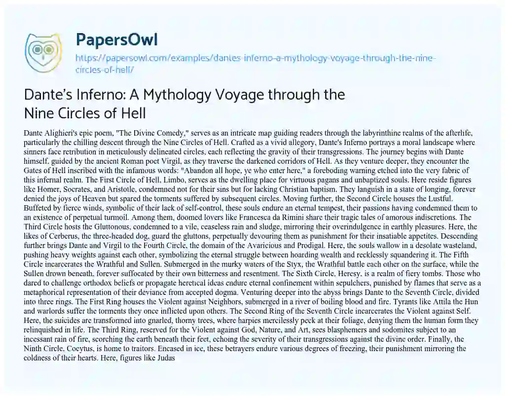 Essay on Dante’s Inferno: a Mythology Voyage through the Nine Circles of Hell