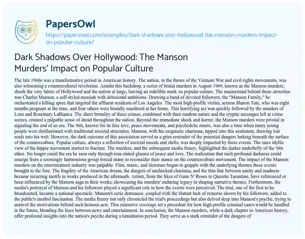 Essay on Dark Shadows over Hollywood: the Manson Murders’ Impact on Popular Culture