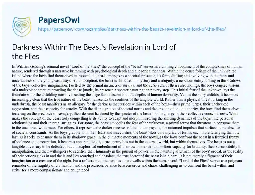 Essay on Darkness Within: the Beast’s Revelation in Lord of the Flies