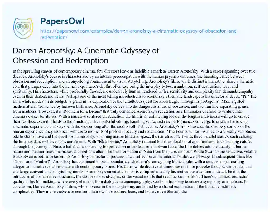 Essay on Darren Aronofsky: a Cinematic Odyssey of Obsession and Redemption