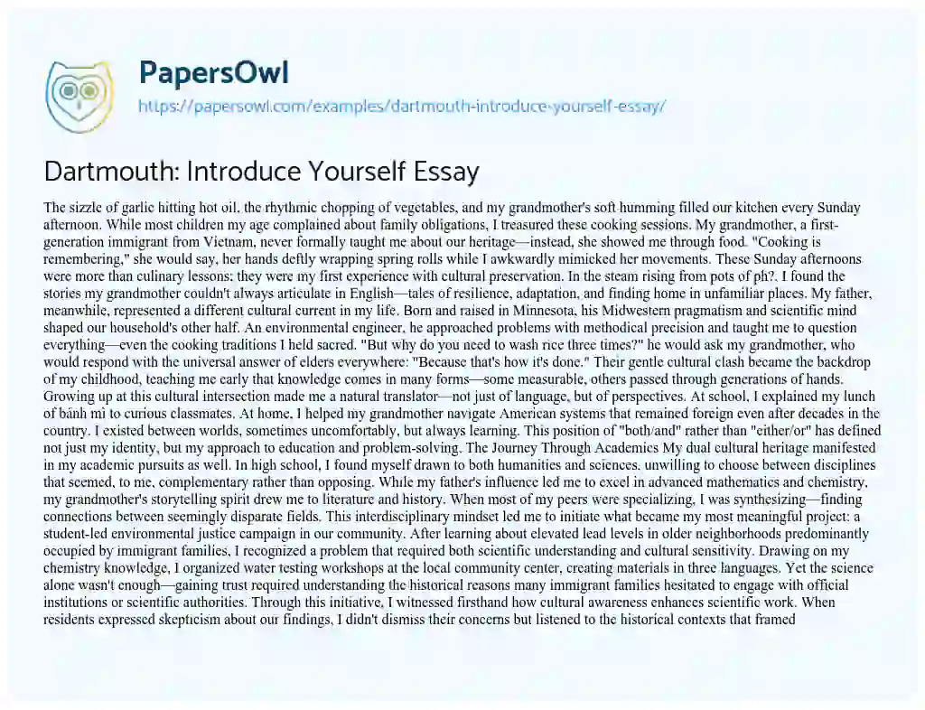 Essay on Dartmouth: Introduce Yourself Essay